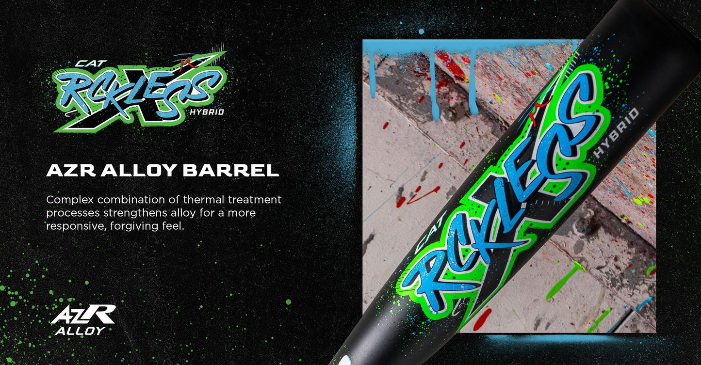 The Marucci 2026 CAT X RCKLESS Hybrid (-3) BBCOR Baseball Bat (MCBCRH) is a black and green bat with blue writing.