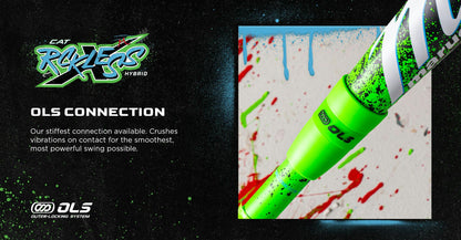 A close-up of the neon green Marucci 2026 CAT X RCKLESS Hybrid (-5) 2 3/4" USSSA Baseball Bat (MSBCRH5 DEMO), black and white OLS logo, red and green paint splatter, with text on OLS connection for smoother, more powerful swings; Cat X Rakxs Hybrio logo top left.
