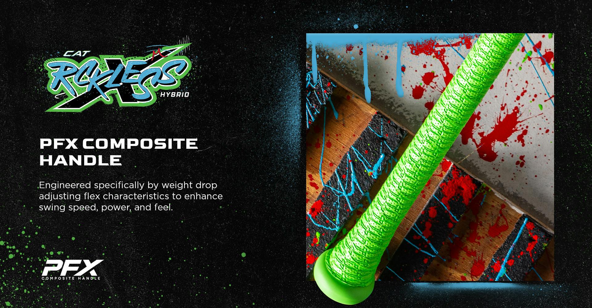 A close-up of the 2026 Marucci CAT X RCKLESS Hybrid (-5) 2 3/4" USSSA Baseball Bat (MSBCRH5 DEMO) showcases its bright green color and textured grip, while text highlights the PFX Composite Handle for enhanced flex, swing speed, and feel.