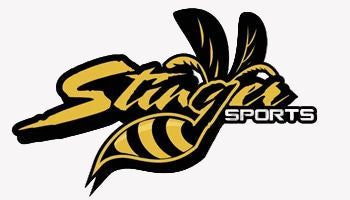 A logo showing a stylized yellow and black wasp with the words Stinger Sports. The wasps body and wings form part of the text, and the design is bold with a sharp, energetic look.