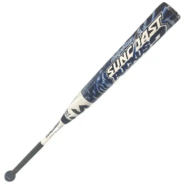 A blue, black, and white 2024 Suncoast Ruckus Max 2 12" Balanced NSA Slowpitch Softball Bat (SR12MUSB2) with bold graphics and a black grip is positioned diagonally against a white background.