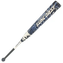 A blue, black, and white 2024 Suncoast Ruckus Max 2 12" Balanced NSA Slowpitch Softball Bat (SR12MUSB2) with bold graphics and a black grip is positioned diagonally against a white background.