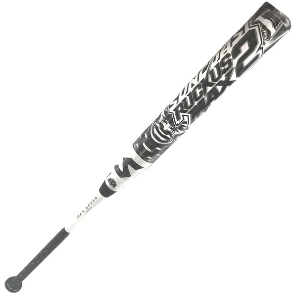 The 2024 Suncoast Ruckus Max 2 12" Endload NSA Slowpitch Softball Bat (SR12MUSE2) by Suncoast features a bold RUCKUS MAX 2 print, black and white striking graphics, and a textured grip handle for better control.