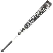 The 2024 Suncoast Ruckus Max 2 12" Endload NSA Slowpitch Softball Bat (SR12MUSE2) by Suncoast features a bold RUCKUS MAX 2 print, black and white striking graphics, and a textured grip handle for better control.
