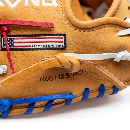 Tan leather Nokona S1 All-American 12.5″ Baseball First Base Mitt with red, white, and blue lacing, an American flag patch, and the text N60 | 12.5 INCH embossed on the side.