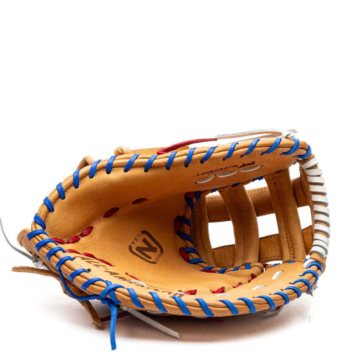 Nokona S1 All-American 12.5″ Baseball First Base Mitt: S1-EPN60POP in tan with blue and white lacing around the edges and red interior stitching.