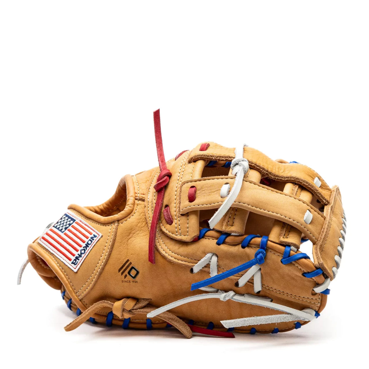 Tan leather Nokona S1 All-American 12.5″ Baseball First Base Mitt: S1-EPN60POP featuring red, white, and blue lacing and an American flag patch on the wrist.