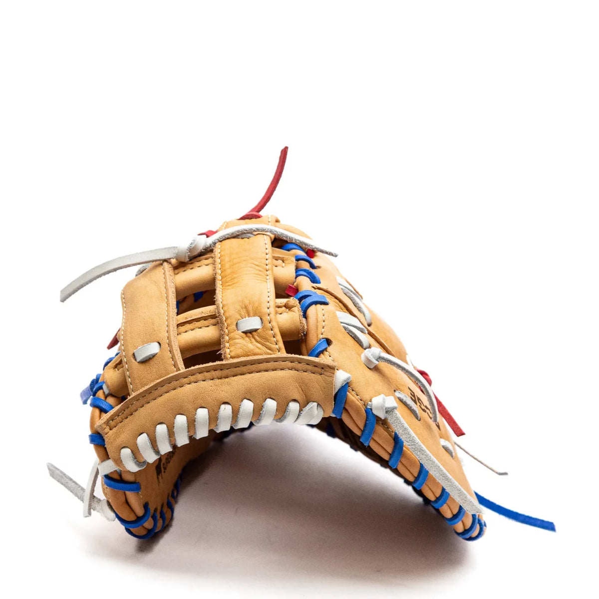 Nokona S1 All-American 12.5″ Baseball First Base Mitt: S1-EPN60POP in tan, laced with white, blue, and red leather strings.