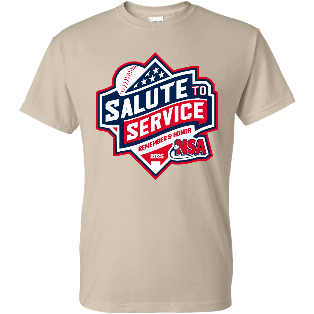 Show your pride in the DSG Apparel 2025 NSA Salute to Service Fastpitch Tournament T-Shirt, featuring a patriotic baseball graphic and "Remember & Honor." Pre-order now to honor the game and country in style!.