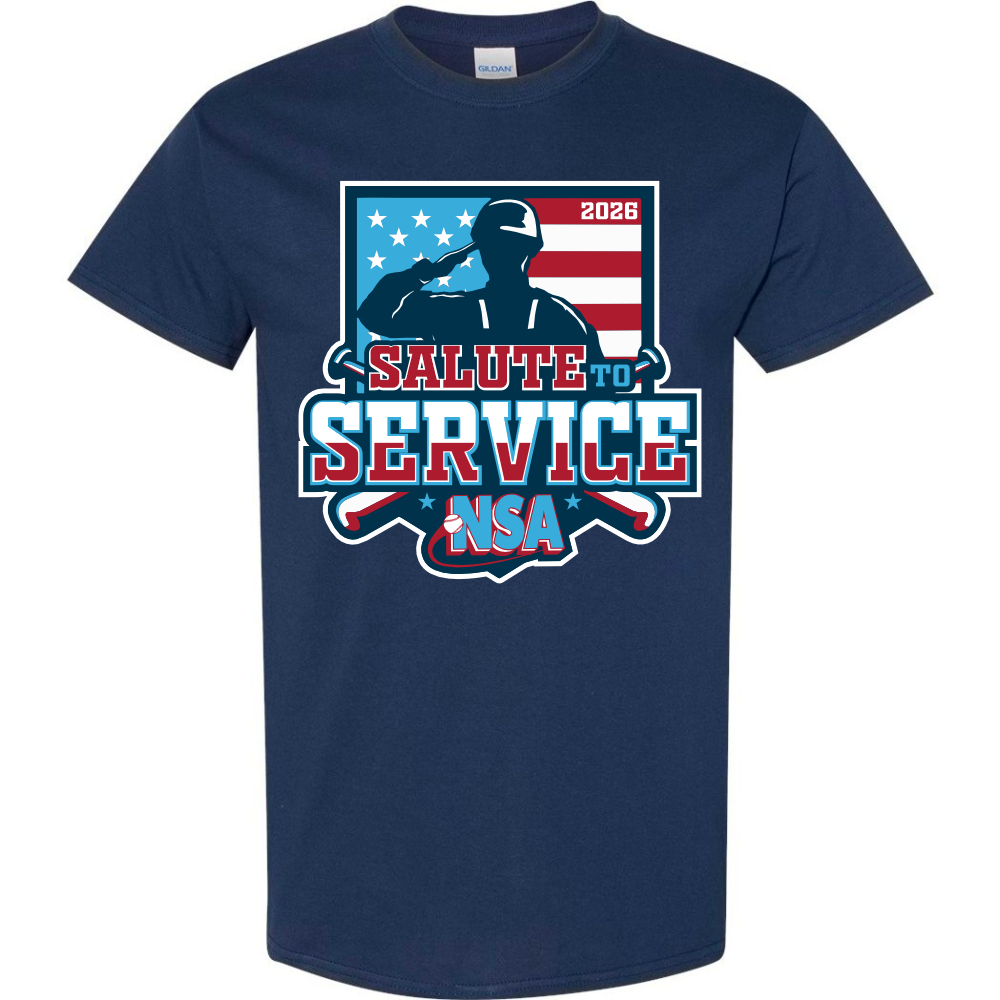 The DSG Apparel 2026 NSA Salute to Service Fastpitch Tournament Shirt features a navy blue design with a saluting figure, American flag background, “2026 Salute to Service NSA” text, and crossed bats—ideal for any NSA fan.