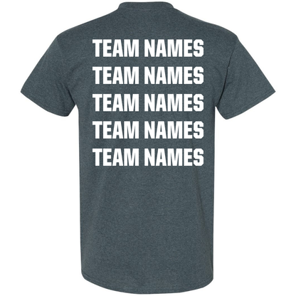 Dark gray 2027 NSA Salute to Service Fastpitch Tournament Shirt with the words TEAM NAMES printed in white stacked in five rows on the back.