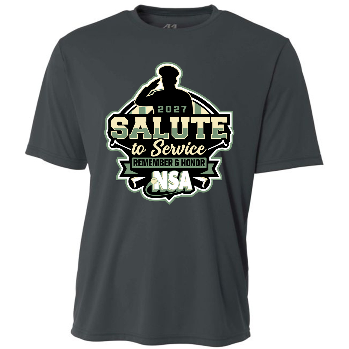 Graphite gray short-sleeved 2027 NSA Salute to Service Fastpitch Tournament shirt featuring a graphic of a saluting soldier silhouette, a softball, and text that reads 2027 SALUTE to Service REMEMBER & HONOR NSA.