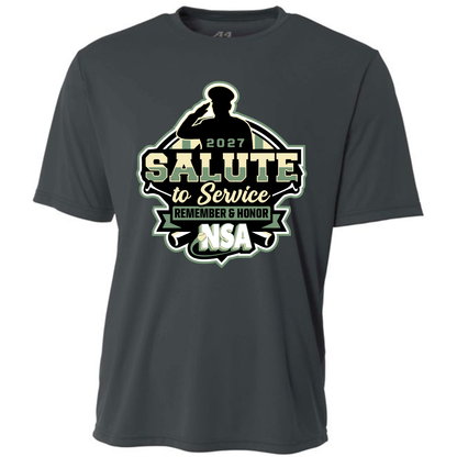 Graphite gray short-sleeved 2027 NSA Salute to Service Fastpitch Tournament shirt featuring a graphic of a saluting soldier silhouette, a softball, and text that reads 2027 SALUTE to Service REMEMBER & HONOR NSA.