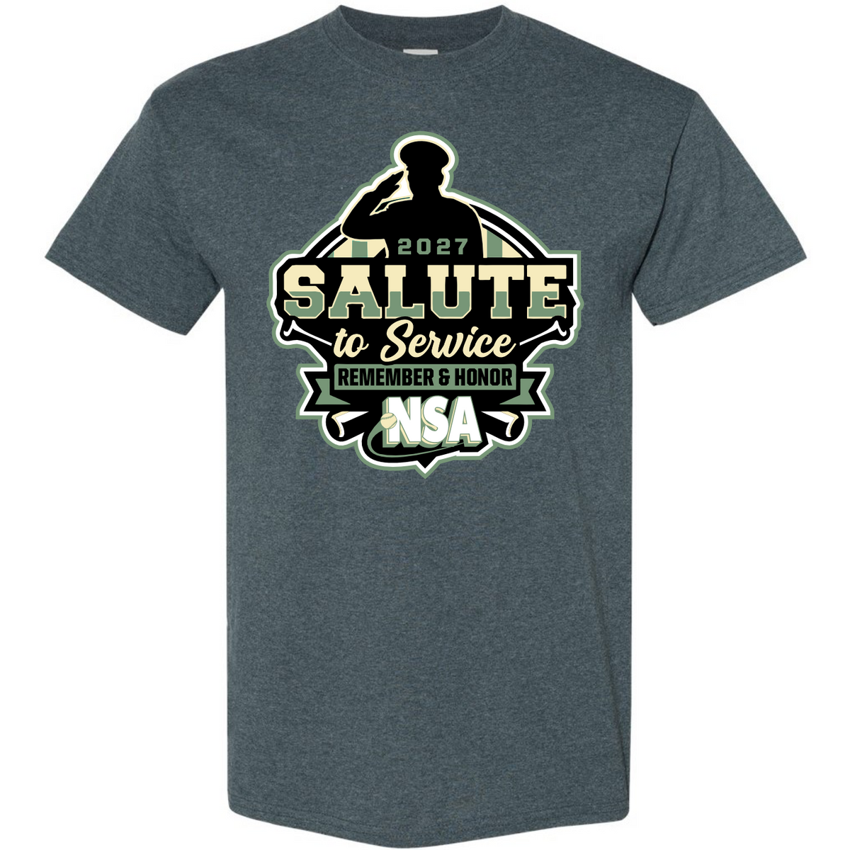 Dark heather 2027 NSA Salute to Service Fastpitch Tournament Shirt featuring a Salute to Service graphic with a soldier silhouette, the text 2027 SALUTE to Service REMEMBER & HONOR NSA, and a softball.