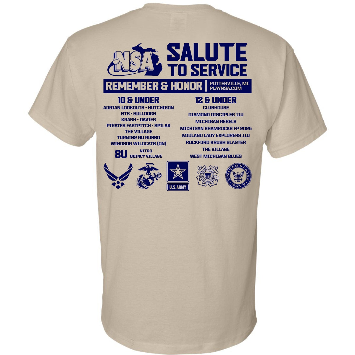 Pre-order the 2025 NSA Salute to Service Fastpitch Tournament T-Shirt by DSG Apparel! Beige tee with blue text and logos on back, featuring team names, military logos, event sponsors. Official shirt for NSA Fastpitch events.
