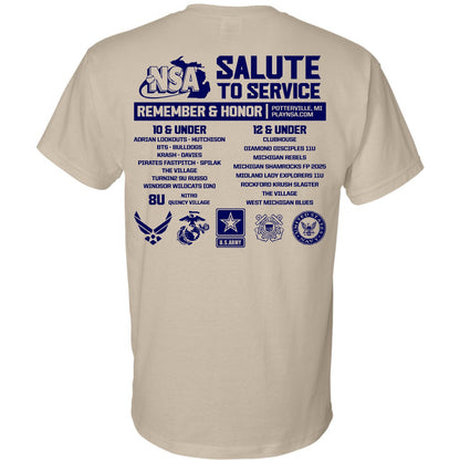 Pre-order the 2025 NSA Salute to Service Fastpitch Tournament T-Shirt by DSG Apparel! Beige tee with blue text and logos on back, featuring team names, military logos, event sponsors. Official shirt for NSA Fastpitch events.