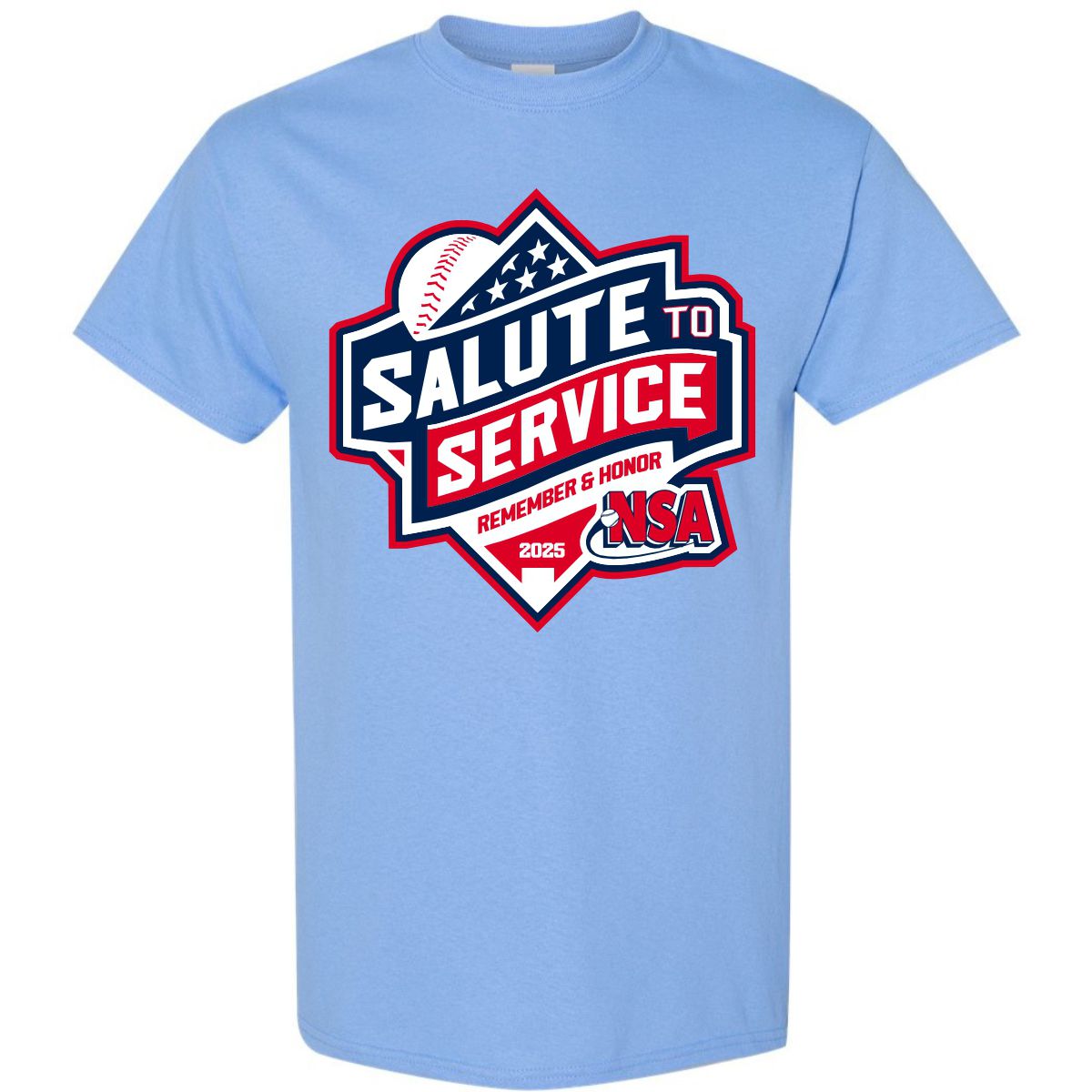 Show your pride with the DSG Apparel 2025 NSA Salute to Service Fastpitch Tournament T-Shirt, featuring a patriotic baseball graphic. Pre-order now to honor and remember at NSA 2025!.