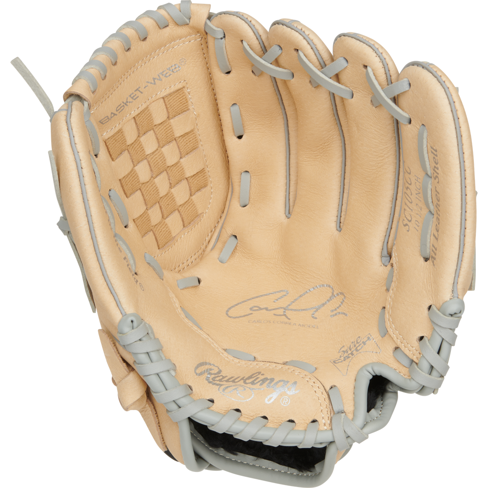 A tan Rawlings Sure Catch 10.5" Carlos Correa youth glove (SC105CC) with gray laces, basket web, signature on the palm, and detailed stitching and branding inside is open for display.