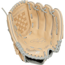 A tan Rawlings Sure Catch 10.5" Carlos Correa youth glove (SC105CC) with gray laces, basket web, signature on the palm, and detailed stitching and branding inside is open for display.