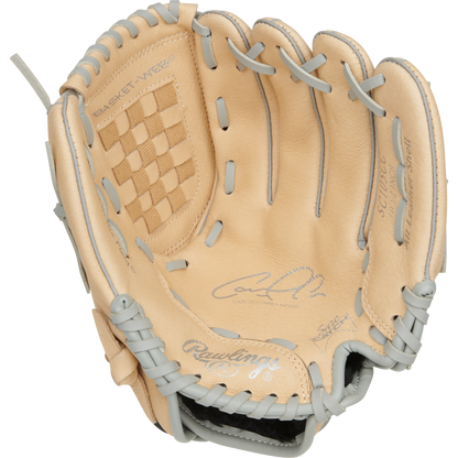 A tan Rawlings Sure Catch 10.5" Carlos Correa youth glove (SC105CC) with gray laces, basket web, signature on the palm, and detailed stitching and branding inside is open for display.
