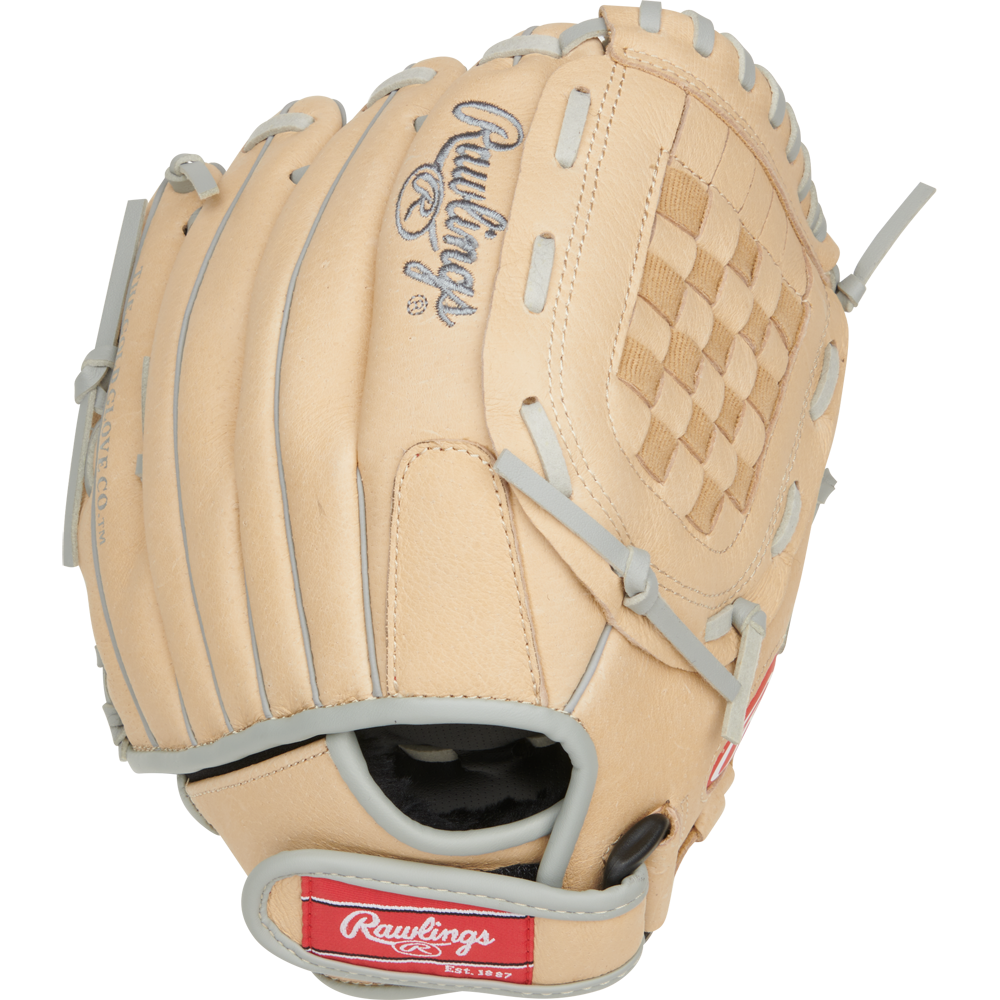 A tan Rawlings Sure Catch 10.5" Carlos Correa youth baseball glove (SC105CC) with gray laces, woven pocket, and red Rawlings logo patches is pictured on a white background.