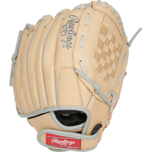 A tan Rawlings Sure Catch 10.5" Carlos Correa youth baseball glove (SC105CC) with gray laces, woven pocket, and red Rawlings logo patches is pictured on a white background.