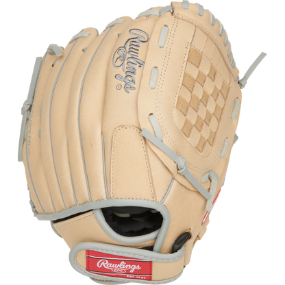 A tan Rawlings Sure Catch 10.5" Carlos Correa youth baseball glove (SC105CC) with gray laces, woven pocket, and red Rawlings logo patches is pictured on a white background.