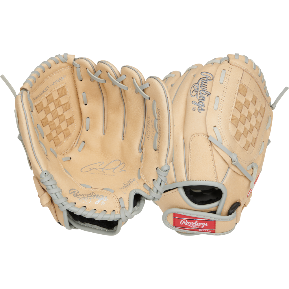 Two tan Rawlings Sure Catch 10.5" Carlos Correa youth baseball gloves (model SC105CC) with gray laces, basket web designs, and the Rawlings logo on the wrist strap are shown side by side.