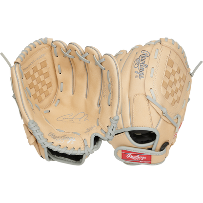 Two tan Rawlings Sure Catch 10.5" Carlos Correa youth baseball gloves (model SC105CC) with gray laces, basket web designs, and the Rawlings logo on the wrist strap are shown side by side.
