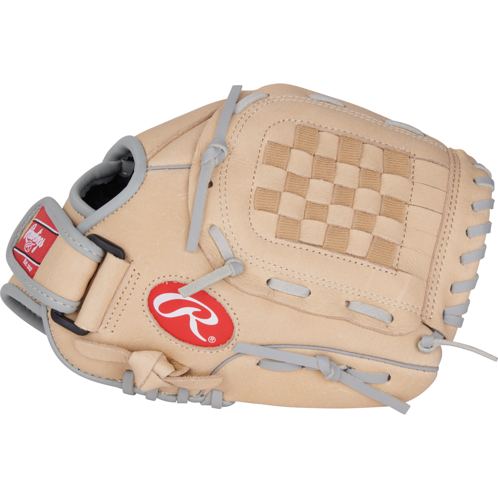 The Rawlings Sure Catch 10.5" Carlos Correa Youth Baseball Glove (SC105CC) features tan leather with gray accents, a woven pocket, and a red logo patch—designed for young players seeking quality and style.