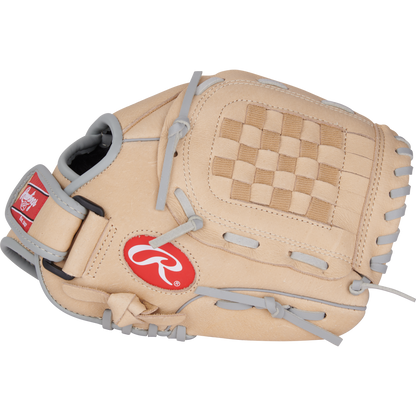 The Rawlings Sure Catch 10.5" Carlos Correa Youth Baseball Glove (SC105CC) features tan leather with gray accents, a woven pocket, and a red logo patch—designed for young players seeking quality and style.