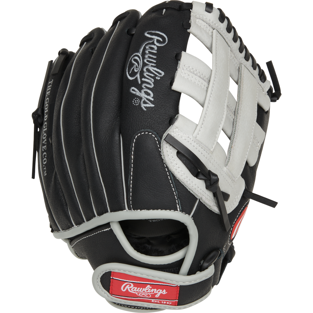 The Rawlings Sure Catch 11" Aaron Judge Youth Baseball Glove (SC110AJ) features black and white design with white laces and stitching, plus the Rawlings logo on the wrist strap—ideal for young baseball players.