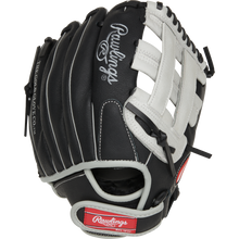 The Rawlings Sure Catch 11" Aaron Judge Youth Baseball Glove (SC110AJ) features black and white design with white laces and stitching, plus the Rawlings logo on the wrist strap—ideal for young baseball players.