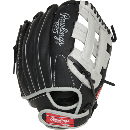 The Rawlings Sure Catch 11" Aaron Judge Youth Baseball Glove (SC110AJ) features black and white design with white laces and stitching, plus the Rawlings logo on the wrist strap—ideal for young baseball players.