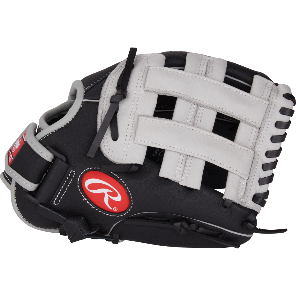 The Rawlings Sure Catch 11" Aaron Judge Youth Baseball Glove (SC110AJ) features a black and white design with white laces and a red Rawlings logo on the wrist, shown on a plain white background.