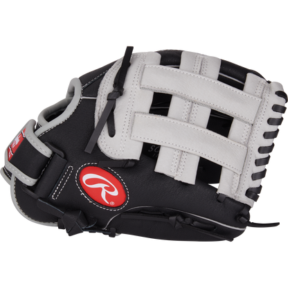 The Rawlings Sure Catch 11" Aaron Judge Youth Baseball Glove (SC110AJ) features a black and white design with white laces and a red Rawlings logo on the wrist, shown on a plain white background.