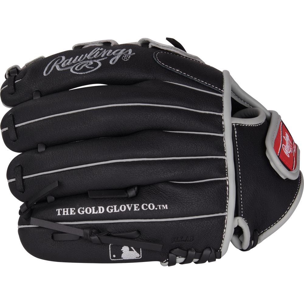 The Rawlings Sure Catch 11" Aaron Judge Youth Baseball Glove (SC110AJ) is a black glove with white laces and stitching, THE GOLD GLOVE CO.™ on the side, the Rawlings logo on the wrist strap, and Sure Catch tech for young players.