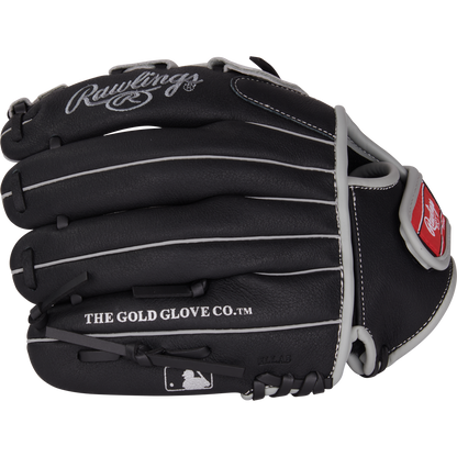 The Rawlings Sure Catch 11" Aaron Judge Youth Baseball Glove (SC110AJ) is a black glove with white laces and stitching, THE GOLD GLOVE CO.™ on the side, the Rawlings logo on the wrist strap, and Sure Catch tech for young players.