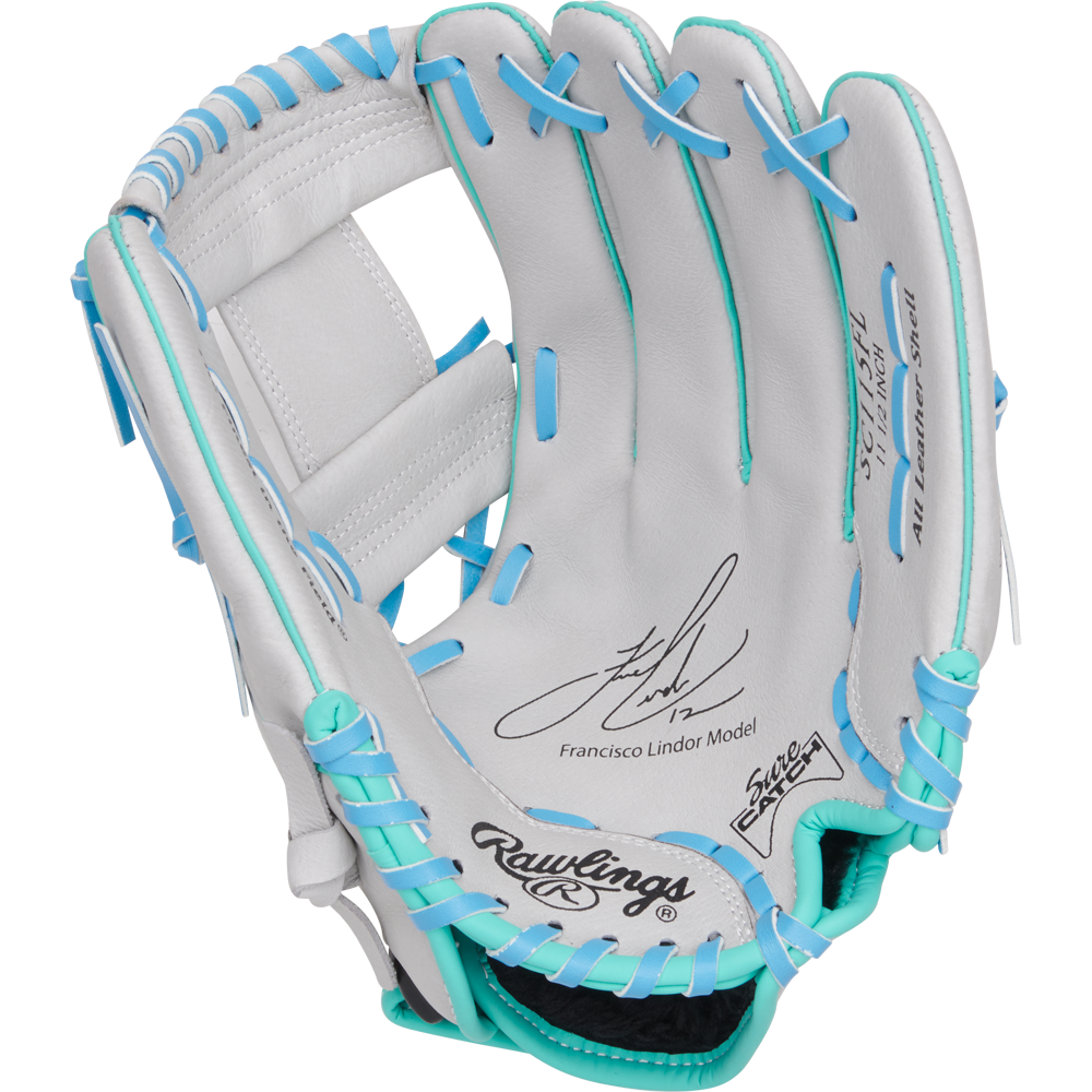 The Rawlings Sure Catch 11.5" Francisco Lindor Youth Baseball Glove (SC115FL) is white with blue and teal laces, a signature, and the Francisco Lindor Model printed on the palm.