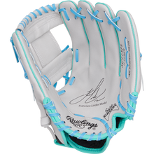 The Rawlings Sure Catch 11.5" Francisco Lindor Youth Baseball Glove (SC115FL) is white with blue and teal laces, a signature, and the Francisco Lindor Model printed on the palm.