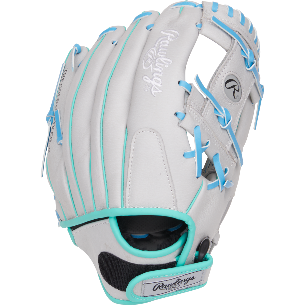 The Rawlings Sure Catch 11.5" Francisco Lindor Youth Baseball Glove (SC115FL) is a white glove with light blue laces and trim, featuring the Rawlings logo on the wrist strap and webbing. The glove is shown with its palm facing away.