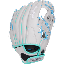 The Rawlings Sure Catch 11.5" Francisco Lindor Youth Baseball Glove (SC115FL) is a white glove with light blue laces and trim, featuring the Rawlings logo on the wrist strap and webbing. The glove is shown with its palm facing away.