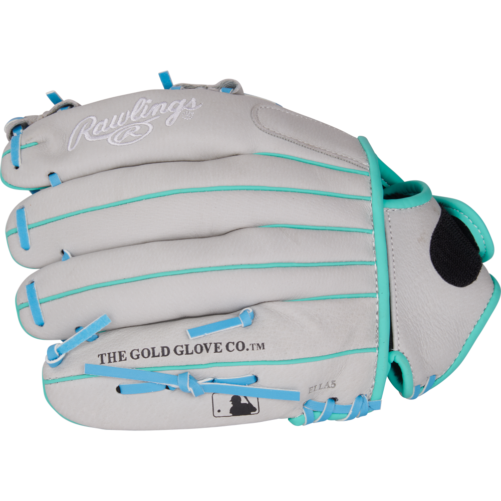 The Rawlings Sure Catch 11.5" Francisco Lindor Youth Baseball Glove (SC115FL) features a light gray design with teal blue laces and trim, THE GOLD GLOVE CO.™ text, the MLB logo near the wrist, and is ideal for young players.