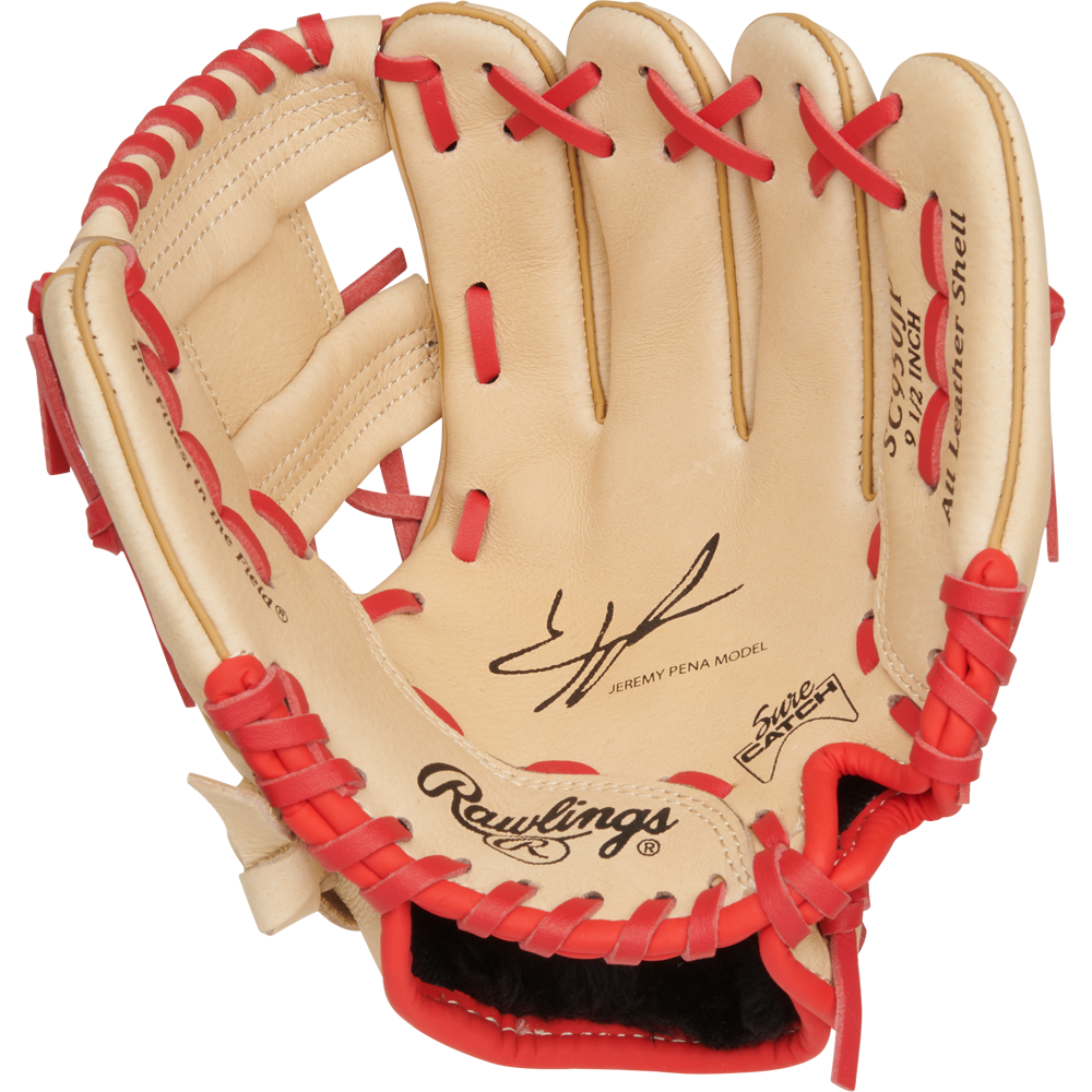 The Rawlings Sure Catch 9.5" Jeremy Pena Youth Baseball Glove (SC950JP) features tan leather, red laces, and stamped logos inside the palm.