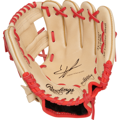 The Rawlings Sure Catch 9.5" Jeremy Pena Youth Baseball Glove (SC950JP) features tan leather, red laces, and stamped logos inside the palm.