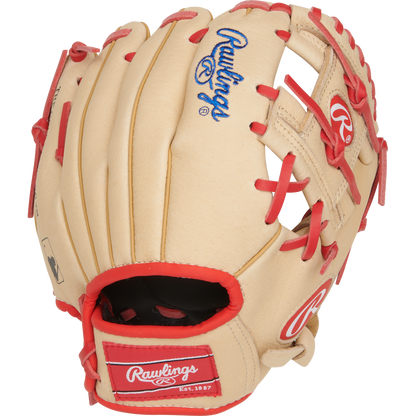 The Rawlings Sure Catch 9.5" Jeremy Pena Youth Baseball Glove (SC950JP) is a tan glove with red laces and trim, blue embroidered Rawlings logo on top, and a red patch on the wrist strap.