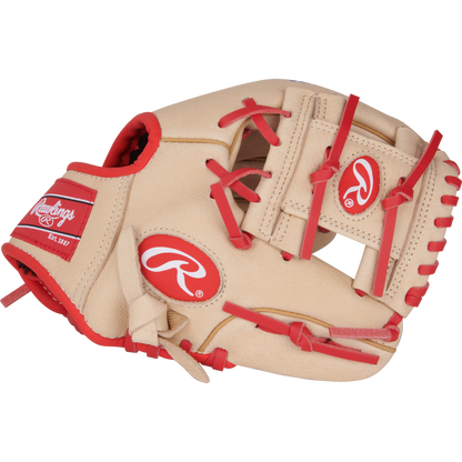 The Rawlings Sure Catch 9.5" Jeremy Pena Youth Baseball Glove (SC950JP) is a tan glove with red laces and accents, featuring the Rawlings logo on the wrist strap and back.
