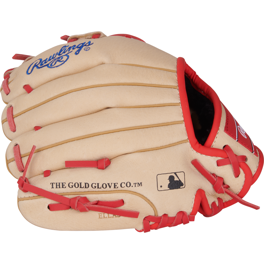 A tan Rawlings Sure Catch 9.5" Jeremy Pena youth baseball glove (SC950JP) with red lacing, featuring THE GOLD GLOVE CO. and MLB logo printed on the side.