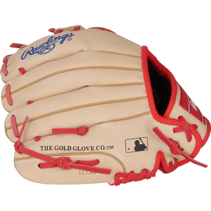 A tan Rawlings Sure Catch 9.5" Jeremy Pena youth baseball glove (SC950JP) with red lacing, featuring THE GOLD GLOVE CO. and MLB logo printed on the side.