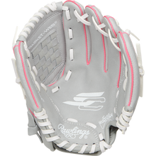 The Rawlings Sure Catch 10" Fastpitch Glove (SCSB100P) is a gray youth softball glove with white laces and pink accents, featuring branding logos on the palm—perfect for young players.